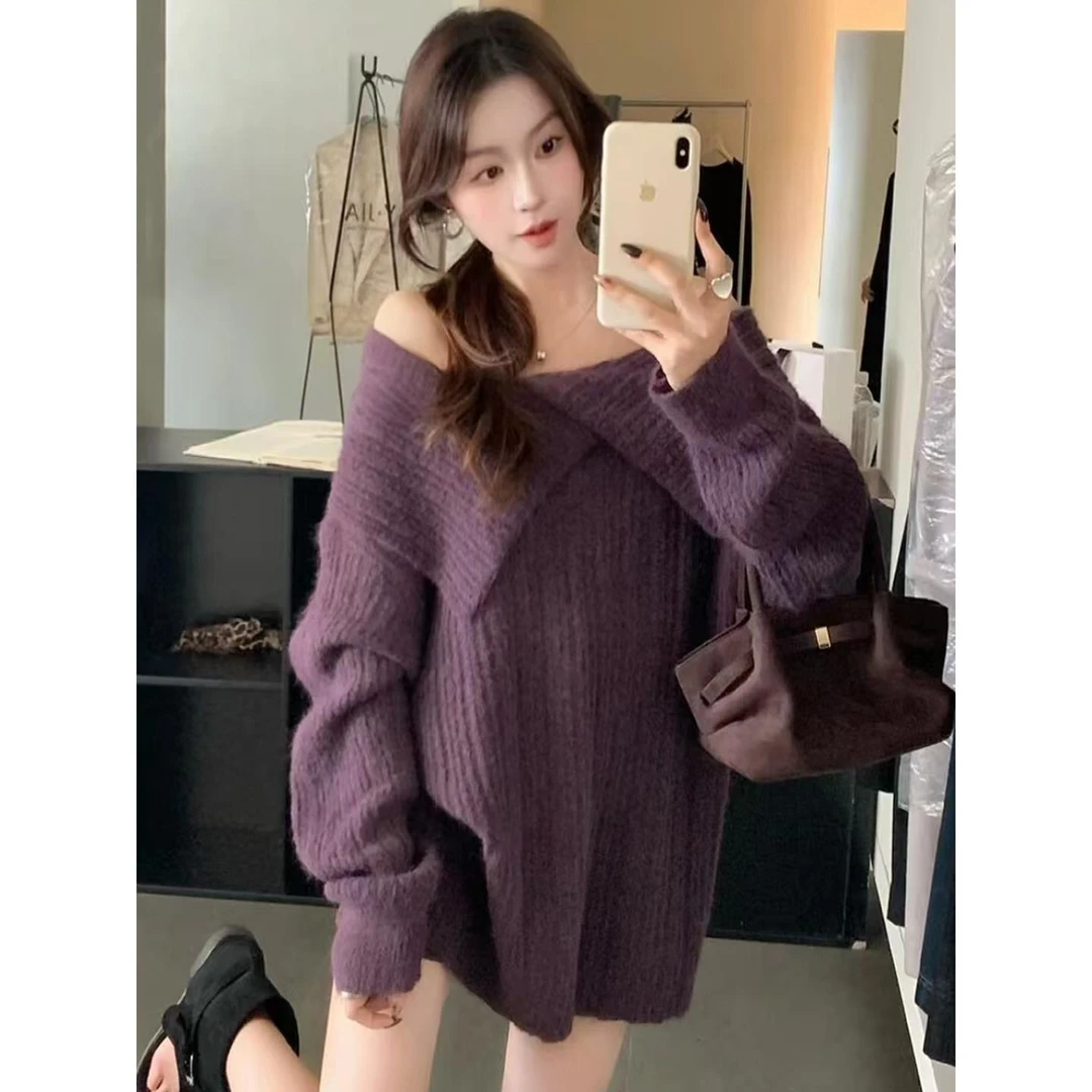 一字肩不规则毛衣女秋季新款高级感超好看内搭露肩上衣针织打底衫