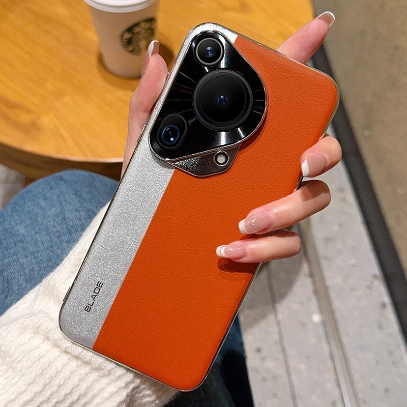 适用华为Pura70ultra手机壳新款电镀银边拼色皮纹p70pro+全包高档