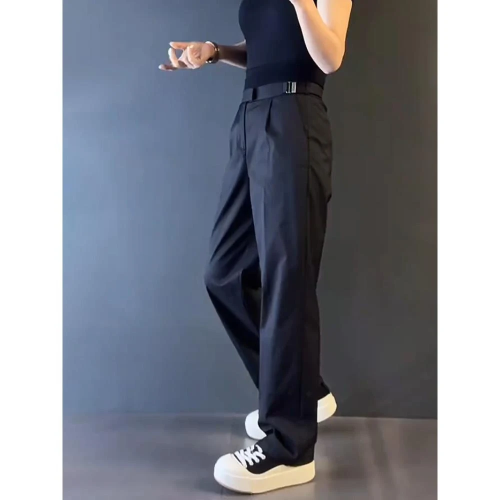 秋冬西裤大码潮牌男士女士情侣时尚法式拉腰小钢扣阔腿休闲裤宽松