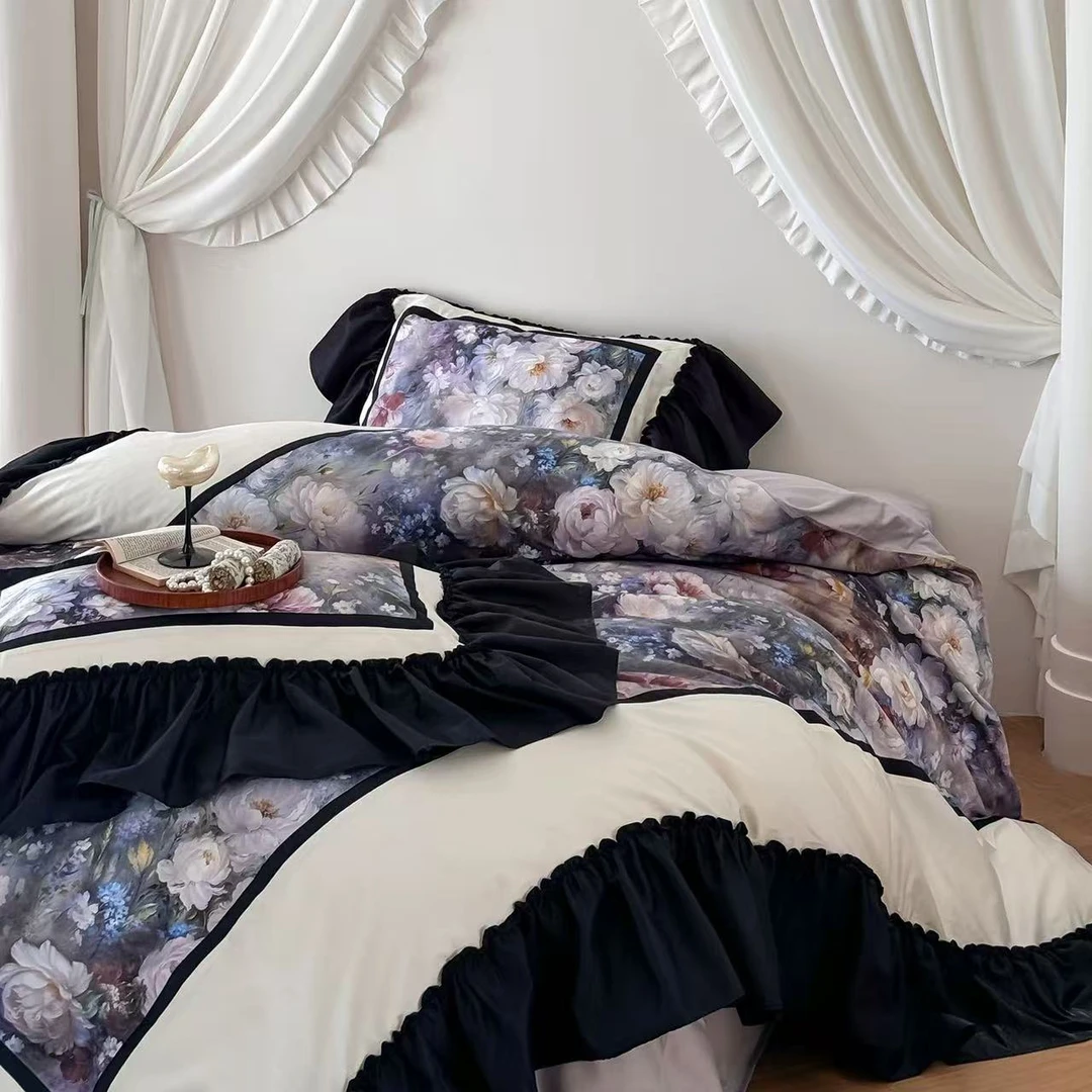 法式浪漫100支长绒棉贡缎花边款四件套-青花引梦