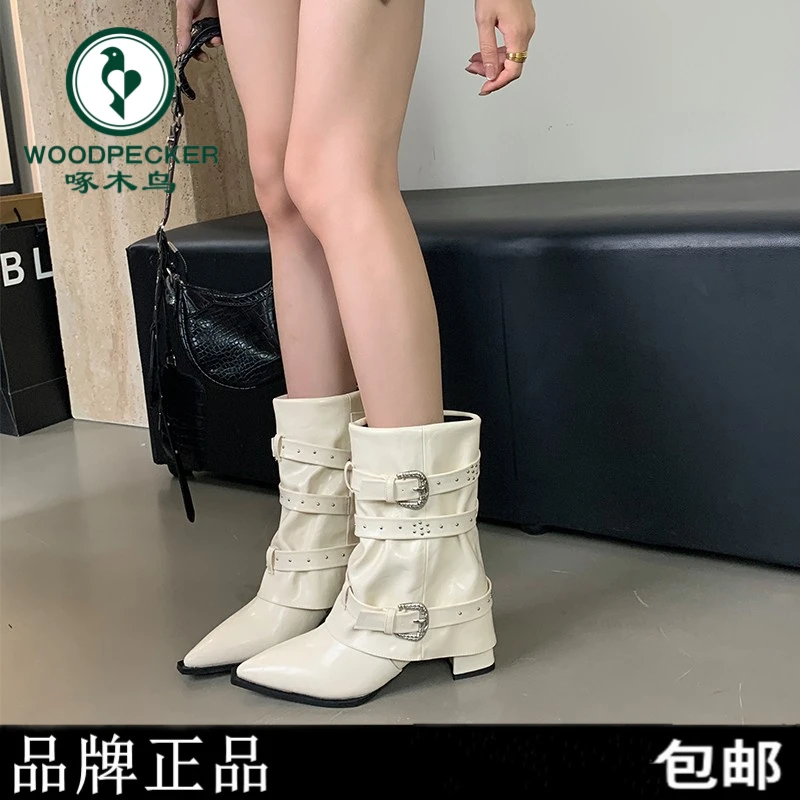 啄木鸟百搭靴子尖头温柔粗跟爆款女2024新款正品水钻铆钉高跟短靴