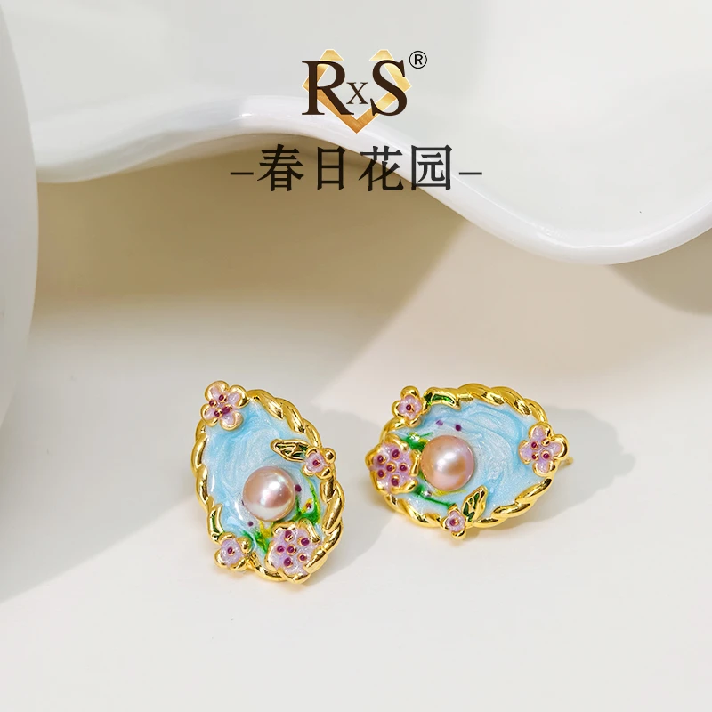 铜合金耳饰 镀K金 K050【春日花园系列】莫奈花园珐琅彩耳钉