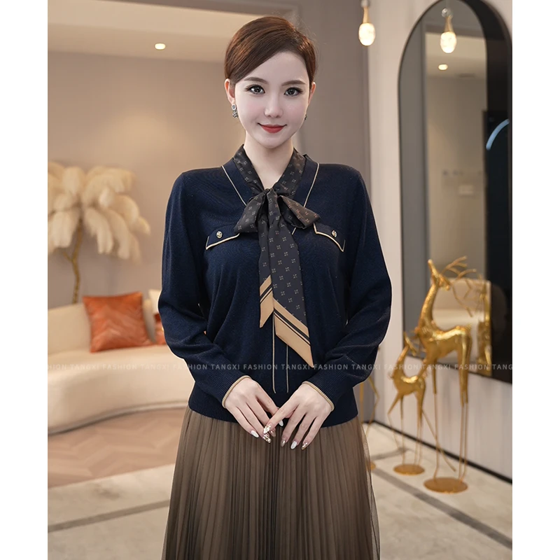 2025年秋冬新款【7889】含绵羊毛蓝色拼接领结绑带外穿针织衫上衣女