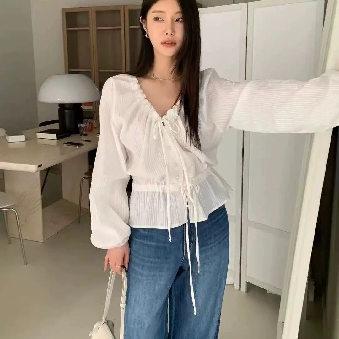 现 aube nunt韩国东大门女2025夏季新款气质百搭V领系带长袖衬衫