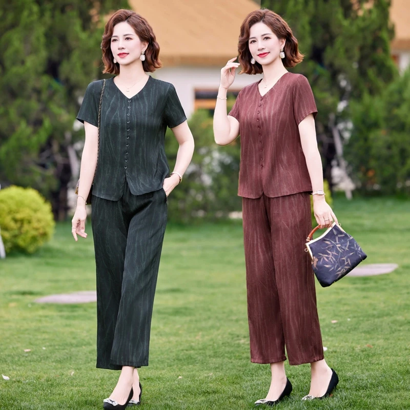 中年妈妈装夏装时尚套装中老年女装宽松显瘦短袖上衣阔腿裤两件套
