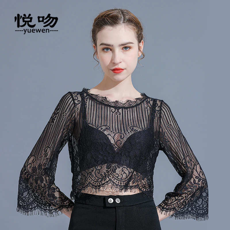 半截蕾丝内搭打底衫女夏百搭短款透视性感别致上衣薄款喇叭袖罩衫