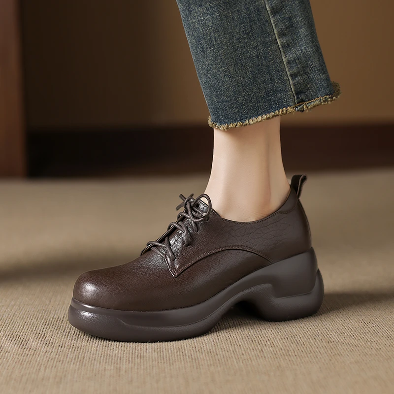 6cm复古厚底高跟鞋秋季时尚百搭小皮鞋舒适圆头系带英伦风单鞋