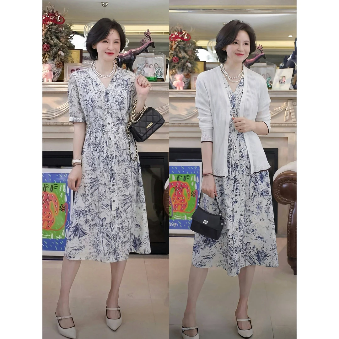 我是摩羯 花的华尔兹 6A级19MM弹力斜纹绸印花系带夏连衣裙