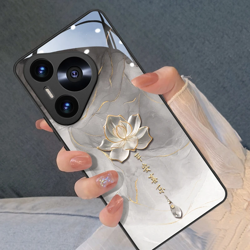 水墨喜乐荷花适用于华为pura80pro手机壳玻璃网红同款ins轻奢高级