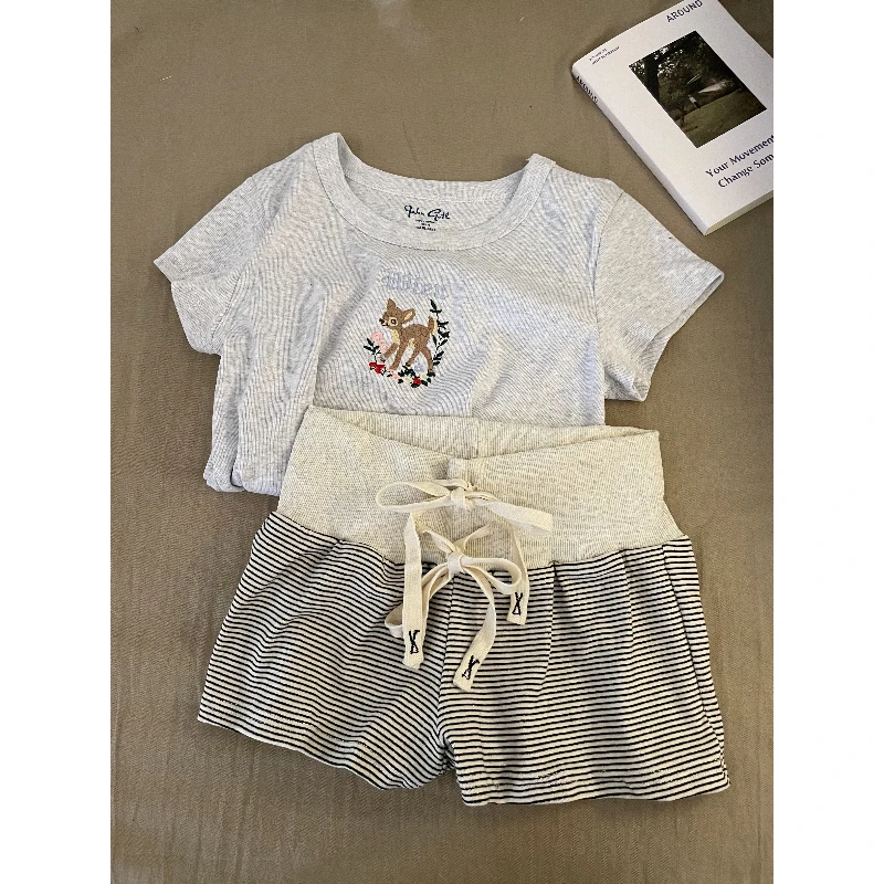 卡通小鹿短袖睡衣女夏天新款可出门条纹短裤家居服大码套装春夏季