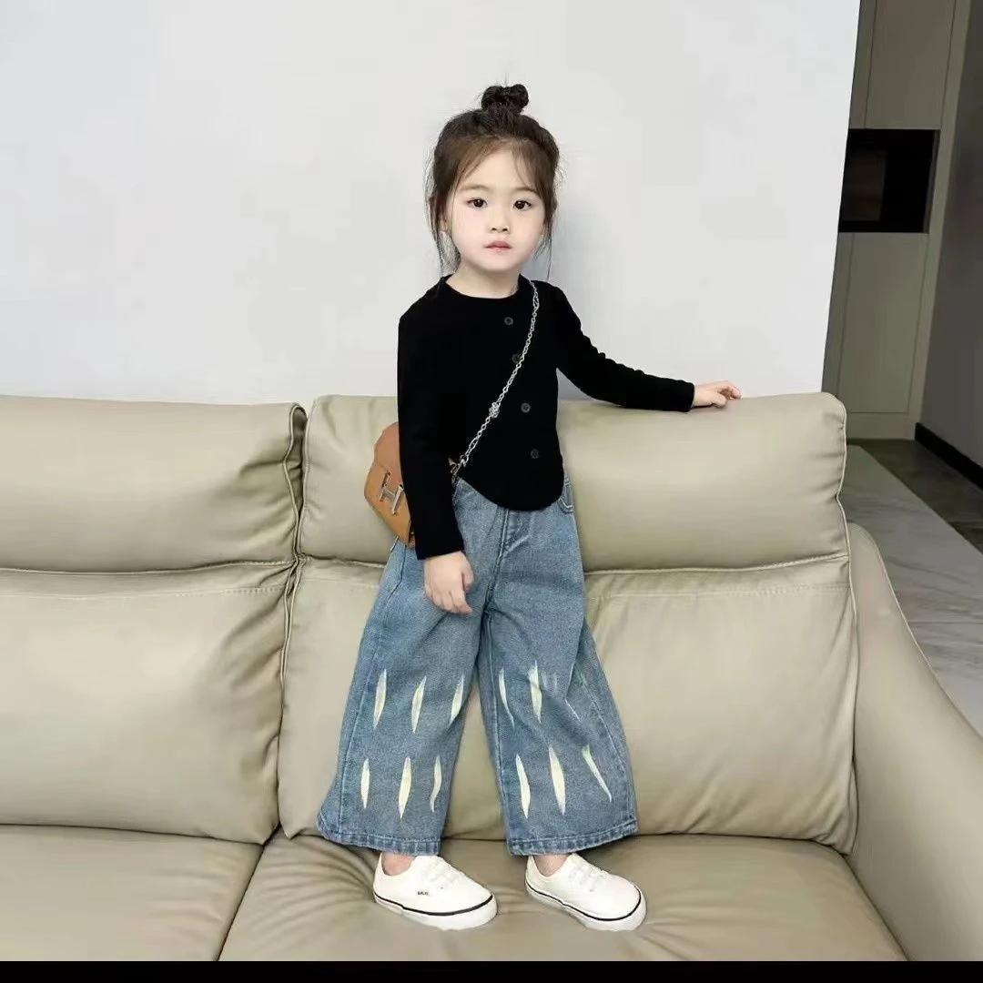 女童牛仔裤套装新款儿童裤子时髦扎染宝宝阔腿长裤小女孩秋装