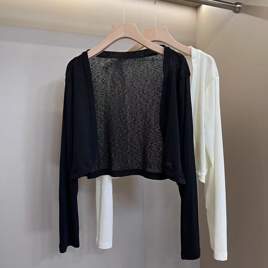 2025春夏时尚新款薄款弹力网纱长袖开衫百搭披肩外套