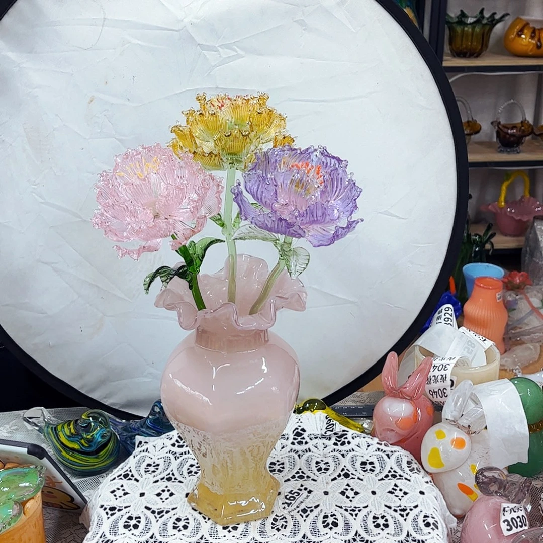 3朵牡丹送1瓶 家悦琉璃工艺品瓶不完美