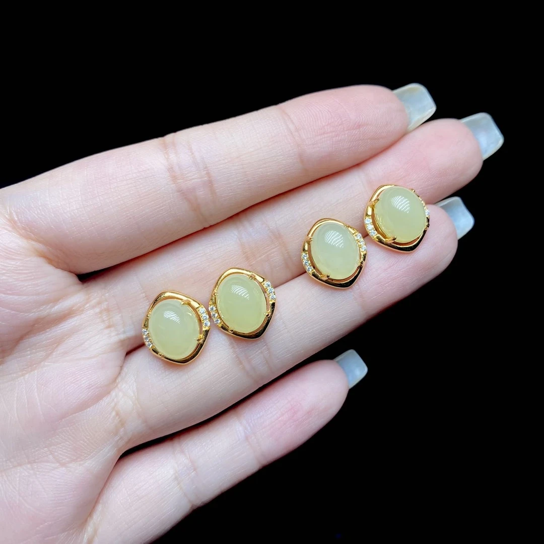 30 DS47713-S925银镶嵌和田玉耳钉-多样性发一件-9.5×8mm（JG）