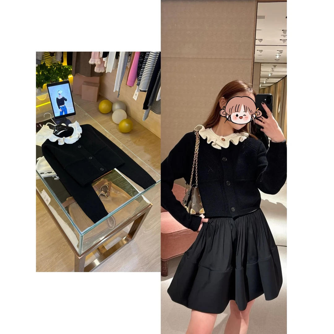 A652【L*T荷叶领针织开衫】高版本25n冬季新款提花短款娃娃领开衫