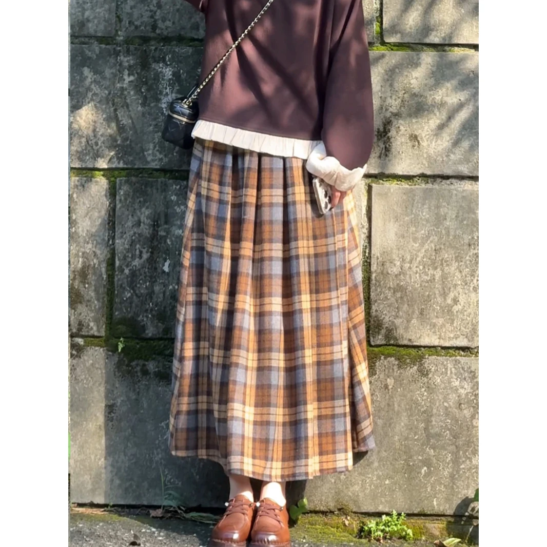 九月Oni【晚风】格子半身裙松紧腰柔软毛呢裙子D060A25