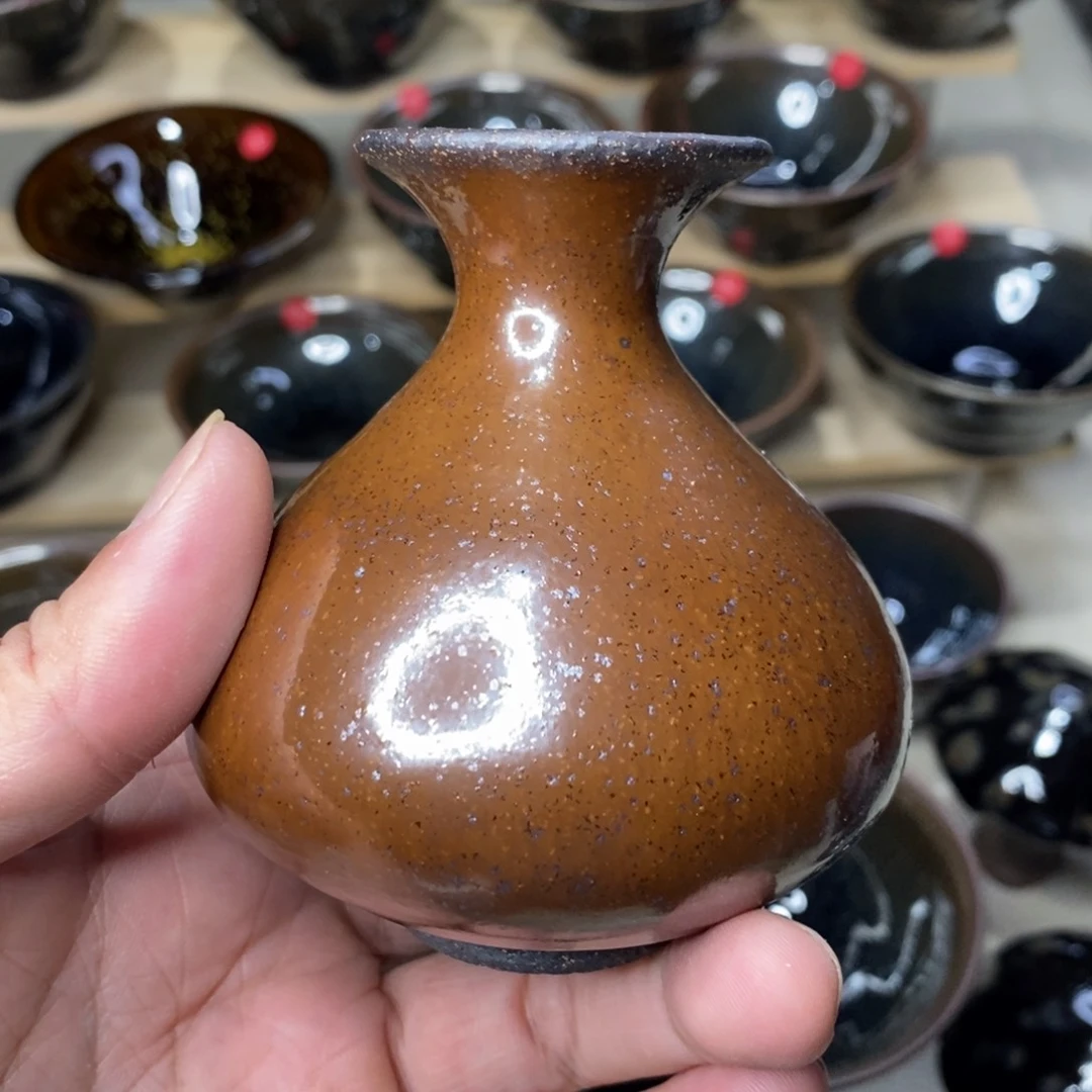 茶盏花器桌面摆件柿红