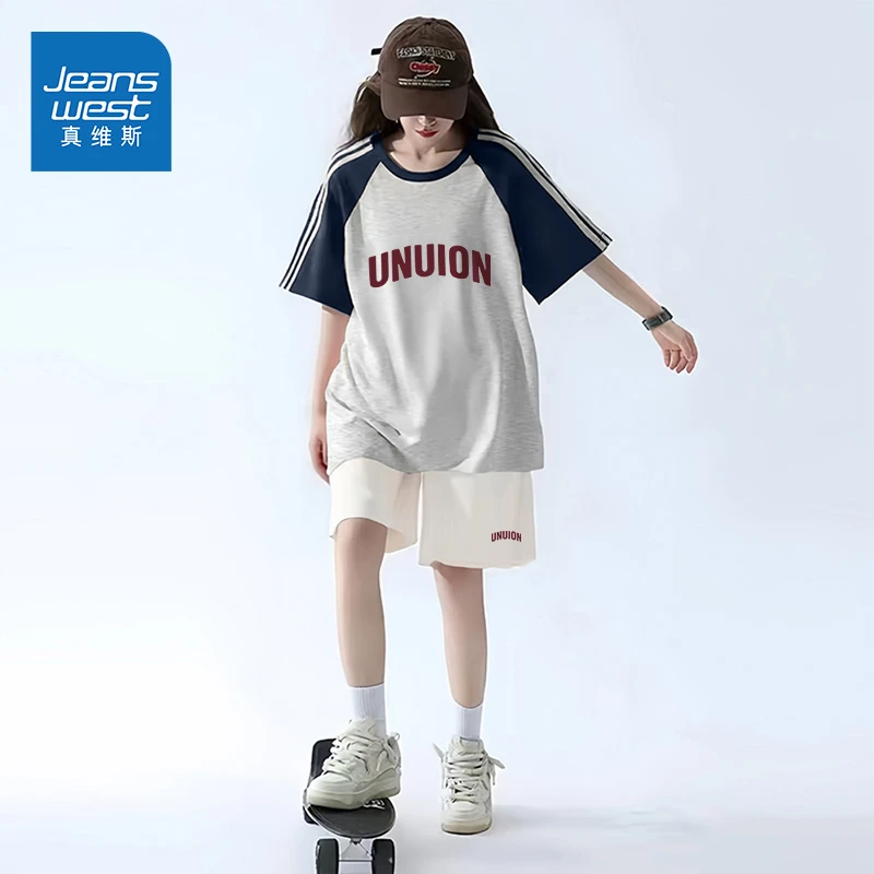 真维斯运动服套装女2025新款夏季休闲短裤短袖两件套美式复古穿搭