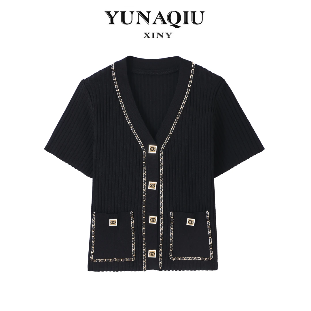 YUNAQIU 重工法式小香风针织开衫夏季女短袖休闲时尚上衣-233