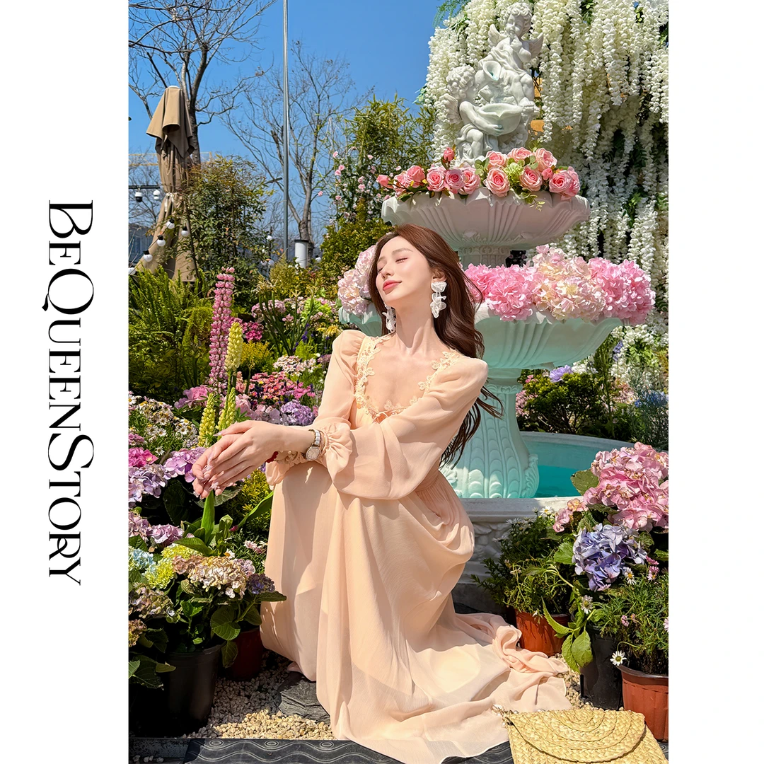 韩韩IU【落霞梦境】高定时尚自带胸棉方领收腰连衣裙2025夏装新款