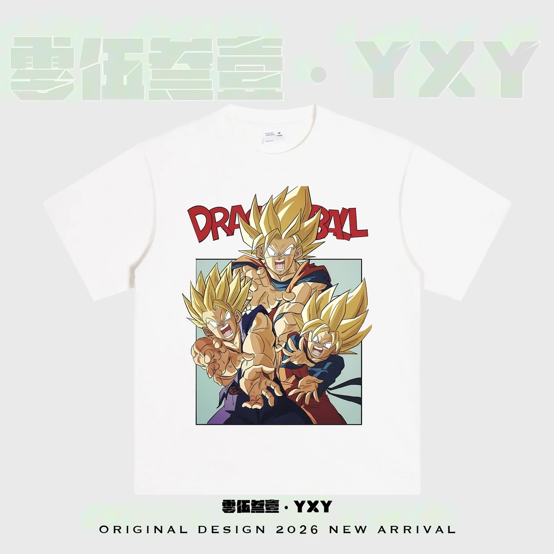 YXY【七龙珠父子波】美式复古重磅动漫印花T恤小领口短袖宽松休闲潮