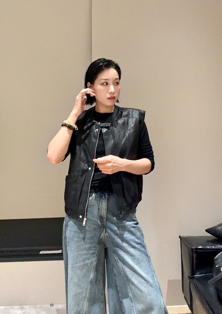 秋款皮马夹欧美风女立领常规款黑色拉链女装时尚休闲时尚83070