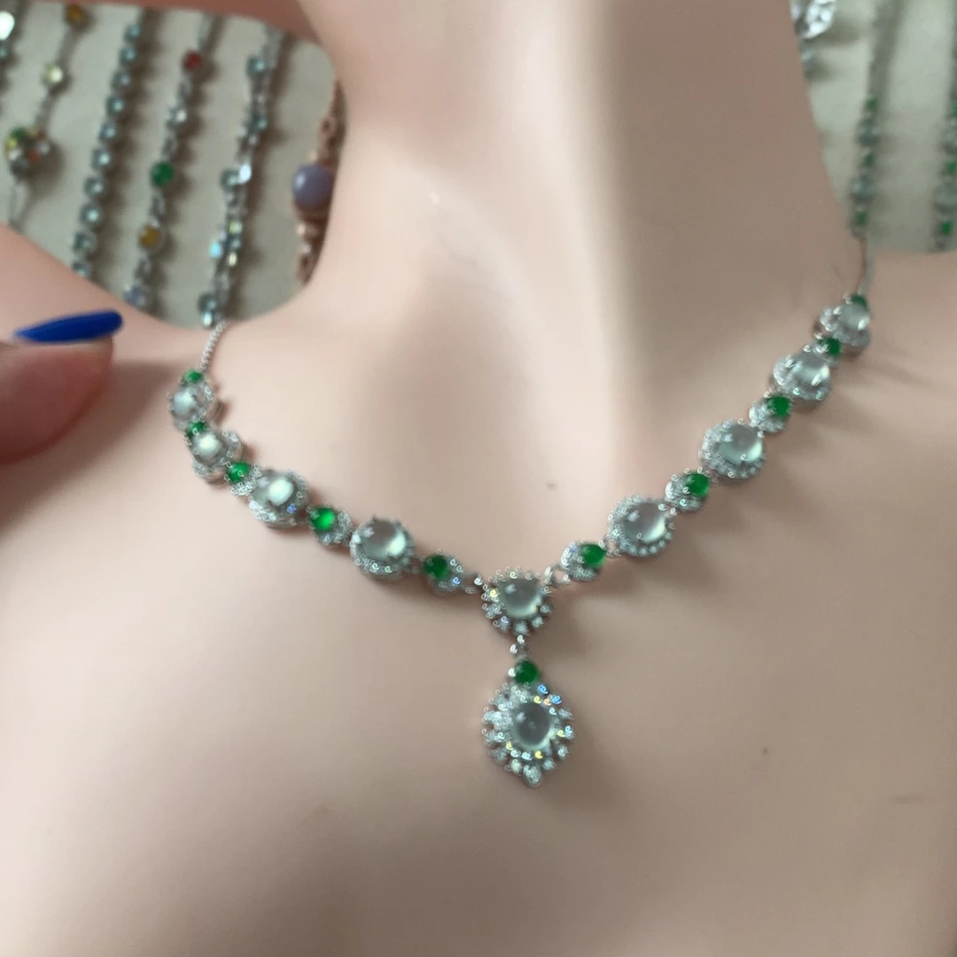 翡翠银S925镶嵌耳饰套链