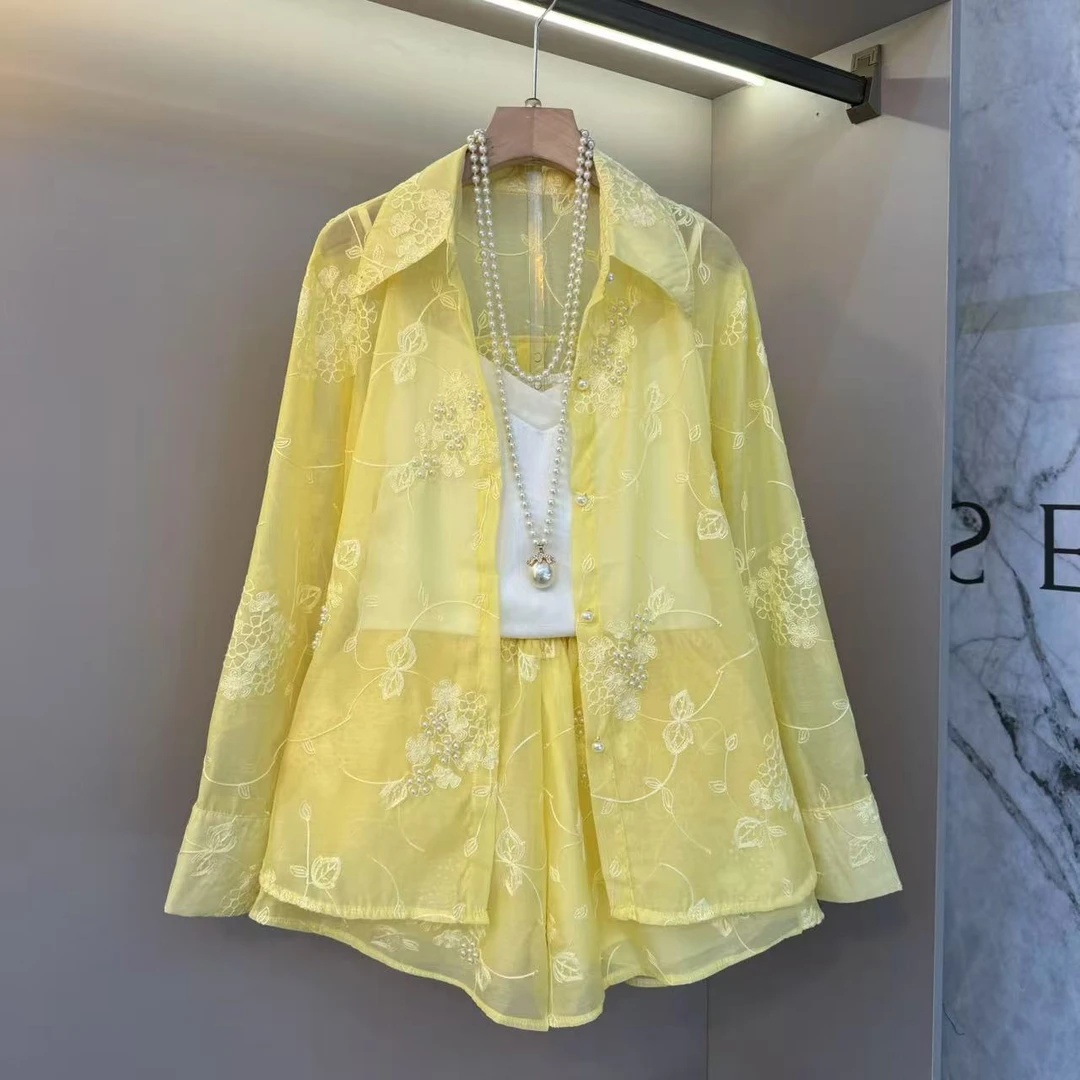 2025新中式国风轻薄防晒重工刺绣立体珍珠花朵胖mm显瘦两件套0111