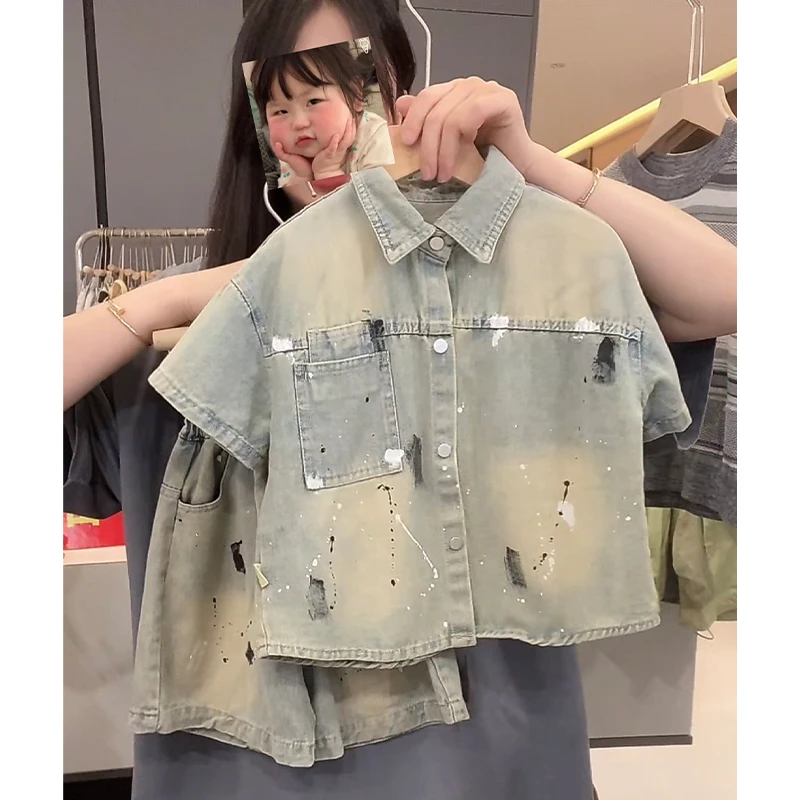 【小首尔】Q现货-春秋装儿童韩版时尚复古浅色牛仔两件套套装ZY3012