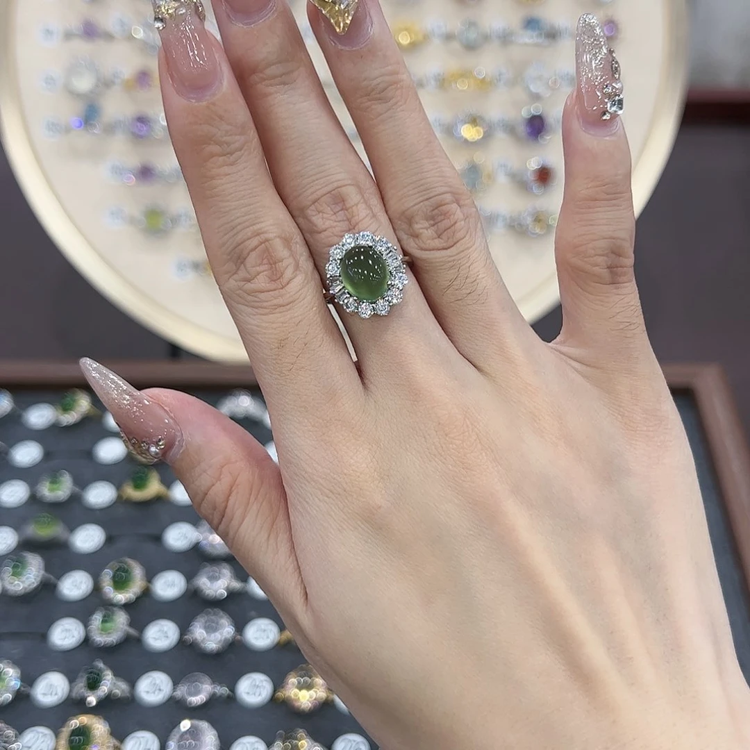 蛇纹石玉戒指银S925镶嵌1*R