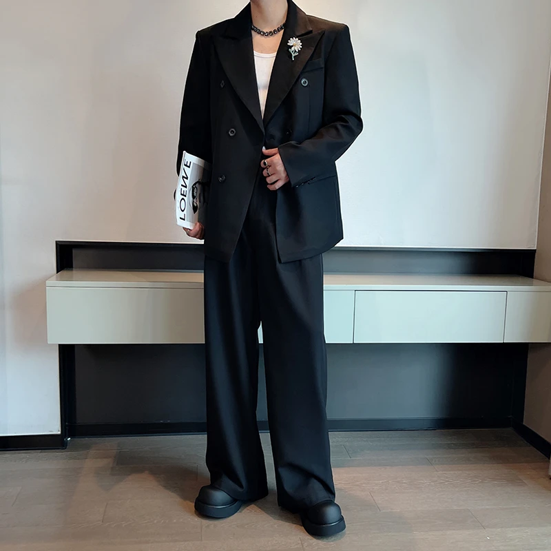 藏青色戗驳领双排扣西装套装男秋季小雏菊胸针设计感休闲西服西裤