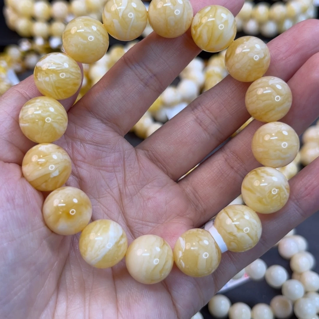 手串蜜蜡未镶嵌13.5mm+奶橘千层雪