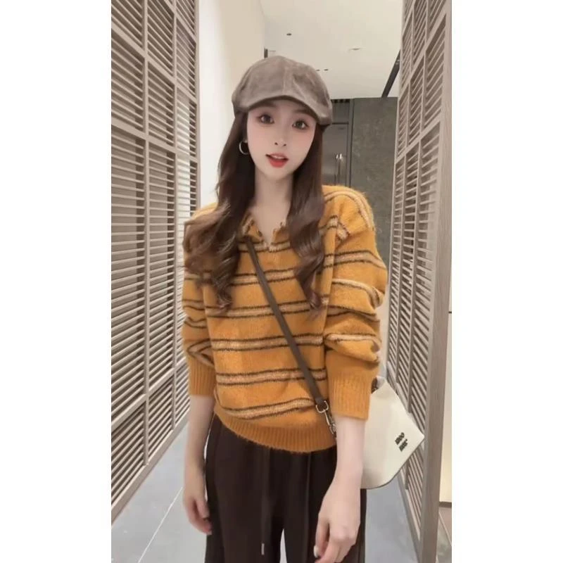 2025秋冬新款复古慵懒风氛围感宽松针织衫上衣软糯条纹毛衣女2592