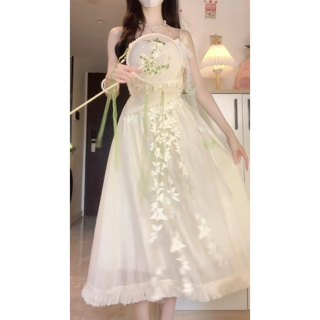 夏季优质版设计款花朵蝴蝶蕾丝飘带流苏摆新中式仙女裙吊带裙温柔