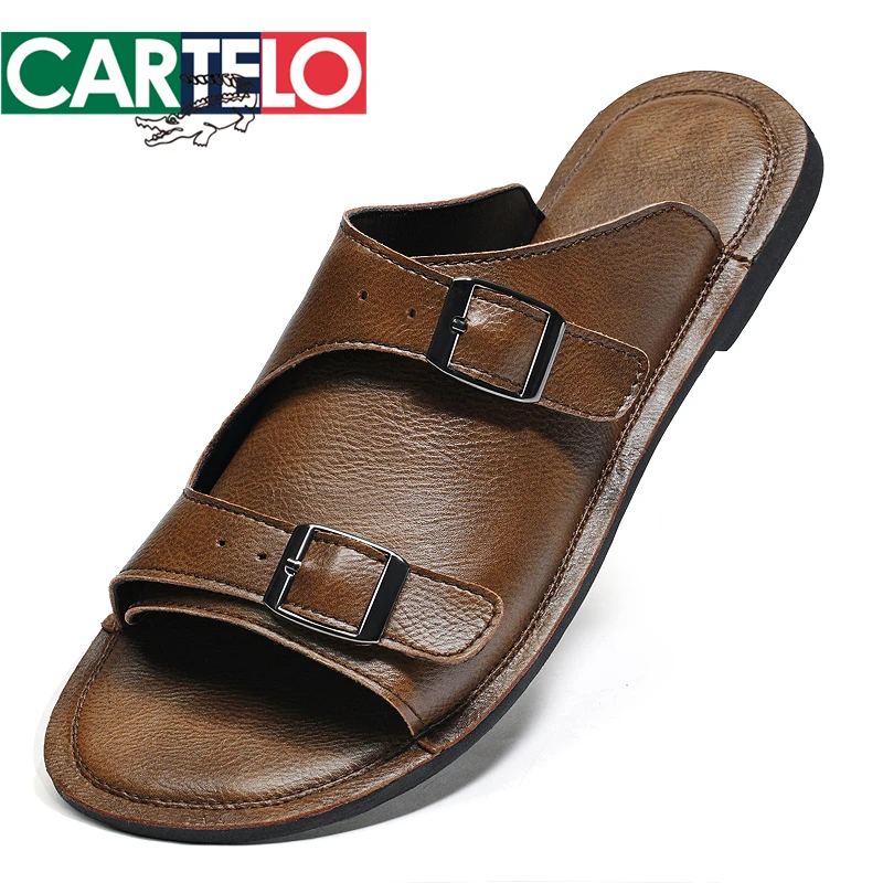 CARTELO/卡帝乐鳄鱼透气防滑男士真皮凉拖夏季大码潮流一字拖软底