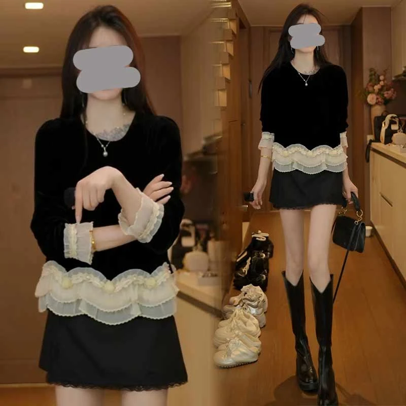 【情人伊梦】小众拼接花瓣褶皱设计上衣2025秋新款千金贵系女装衬衣