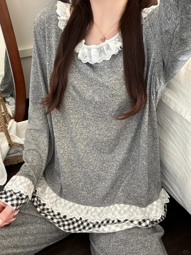 韩系简约少女蕾丝花边休闲减龄长袖睡衣女春秋新款家居服长裤套装