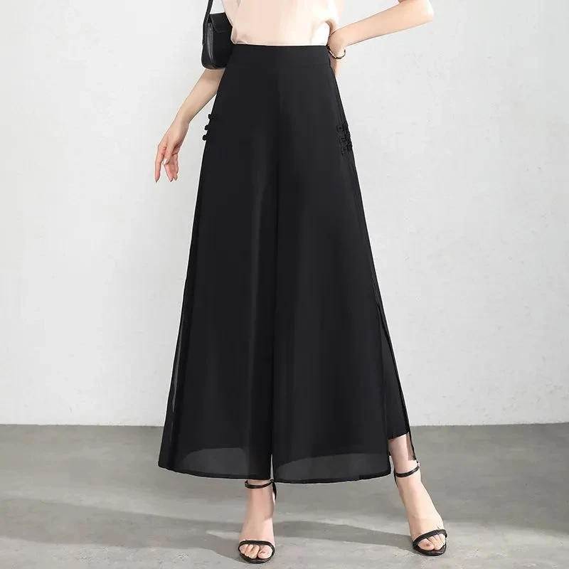 雪纺阔腿裤女开叉裙裤夏季薄款裤子女2025新款高腰垂感A字九分裤