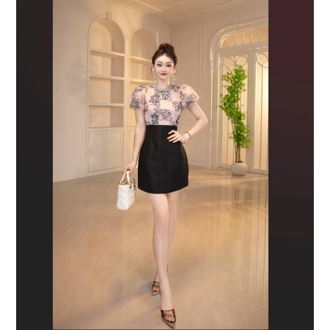 【香香定制】法式轻奢重工名媛显瘦优雅时尚连衣裙 蕾丝气质11566