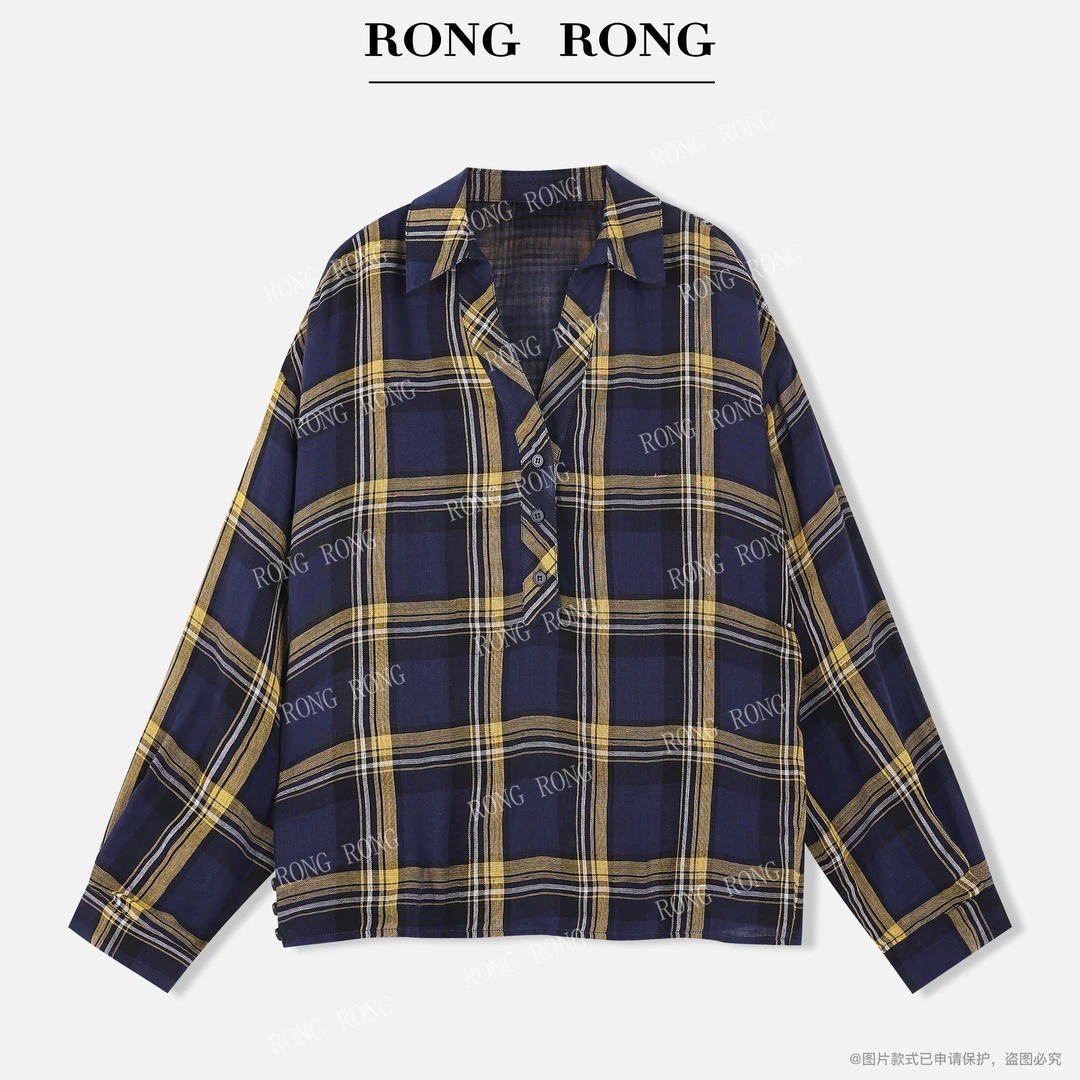 溶溶【温文尔雅】RONGRONG 100棉薄透双面纱慵懒风格子衬衫5C8183