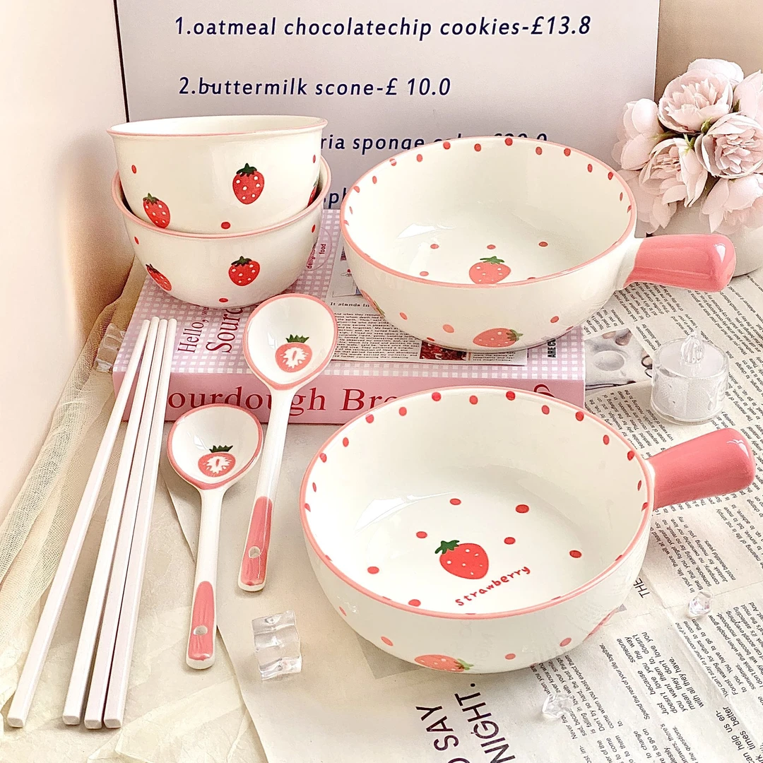 陶瓷草莓可爱餐具釉下彩一人食少女家用手把饭碗套装高颜值泡面