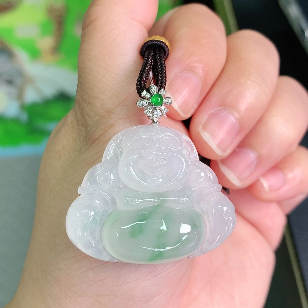 翡翠颈饰18K金镶嵌冰胶飘绿大佛公30*36.9*6.3