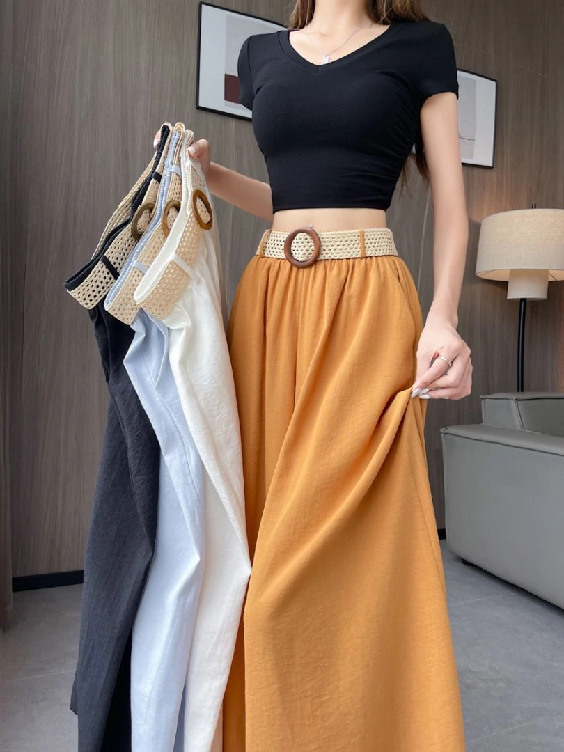 高级感桔色棉麻冰丝阔腿裤女夏季薄款高腰垂坠感宽松亚麻休闲裤子