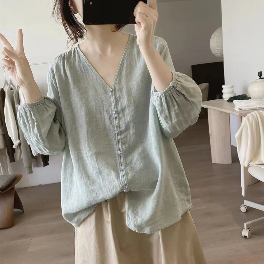 灯笼袖衬衫女式夏季新款宽松开衫显瘦减龄七分袖v领仿麻防晒上衣