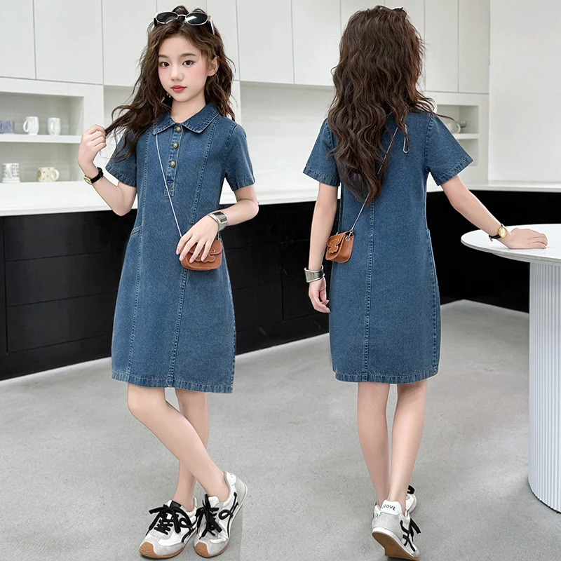 女童牛仔连衣裙时尚显瘦收腰裙3-15岁夏季女孩中长款休闲甜美夏款