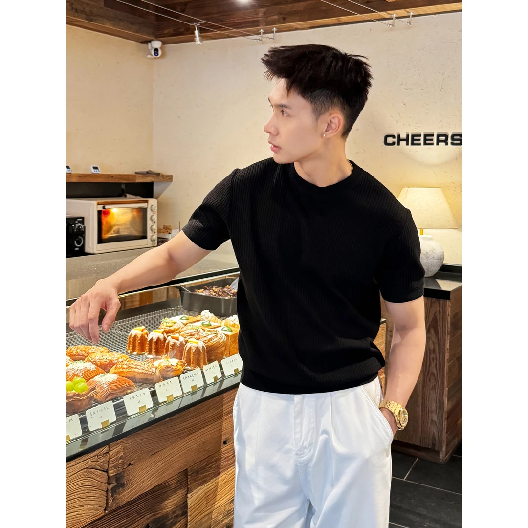 『老钱风 坑条肌理』秋季高支混纺打底T恤短袖圆领针织休闲百搭上衣