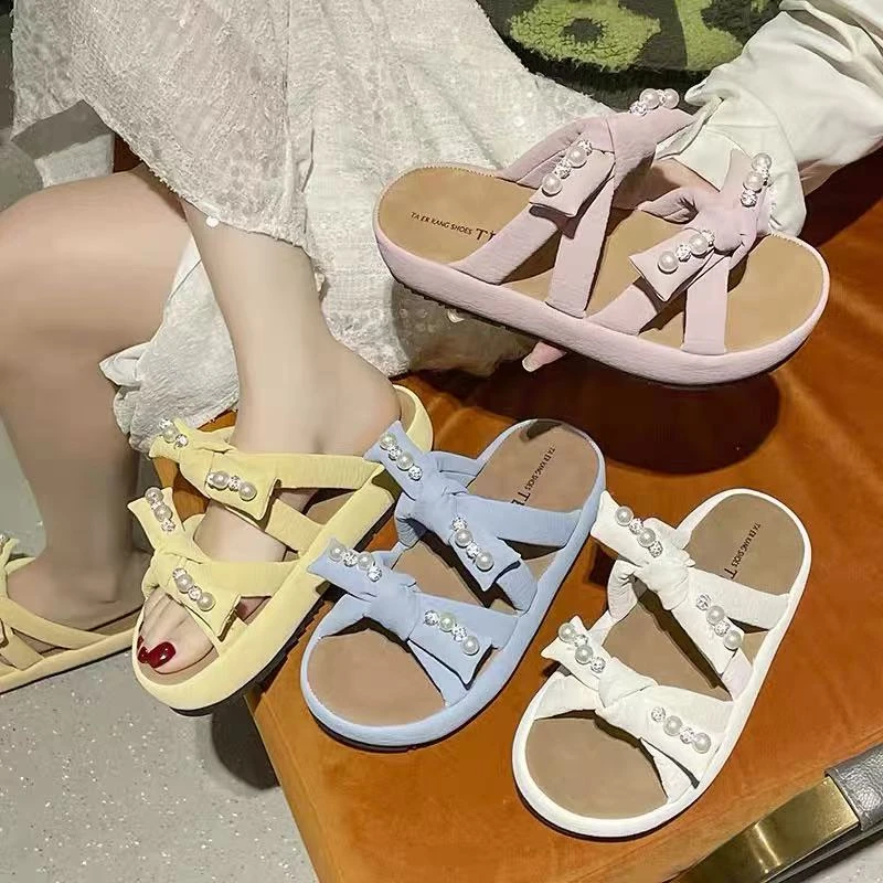 厚底女夏外穿新款珍珠蝴蝶结踩屎感沙滩懒人拖鞋1618-1