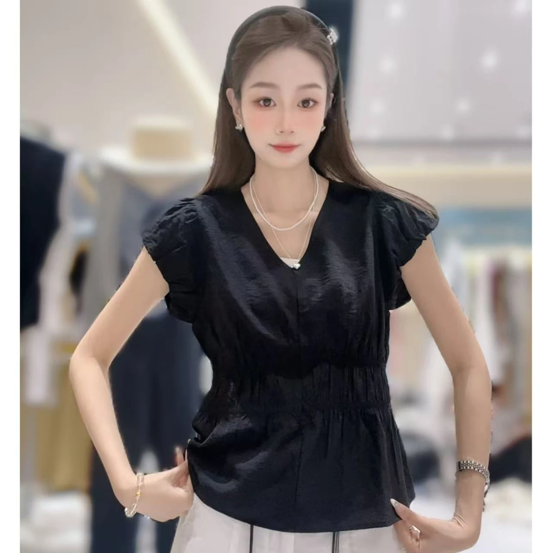 【三懿服饰】夏季休闲百搭飞飞袖修身百搭纯色设计感V领上衣-5533