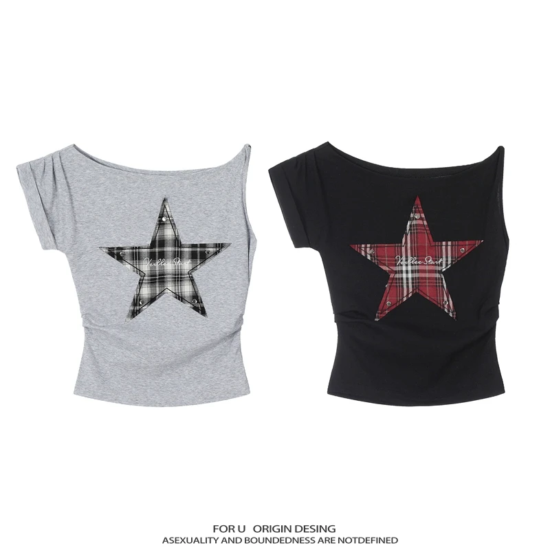 FOR U 原创国潮美式复古星星短袖T恤女夏季新款别致修身显瘦上衣