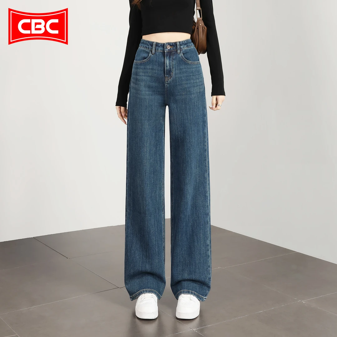 CBC复古蓝窄版阔腿牛仔裤女2025新款秋冬宽松休闲长裤高端直筒裤